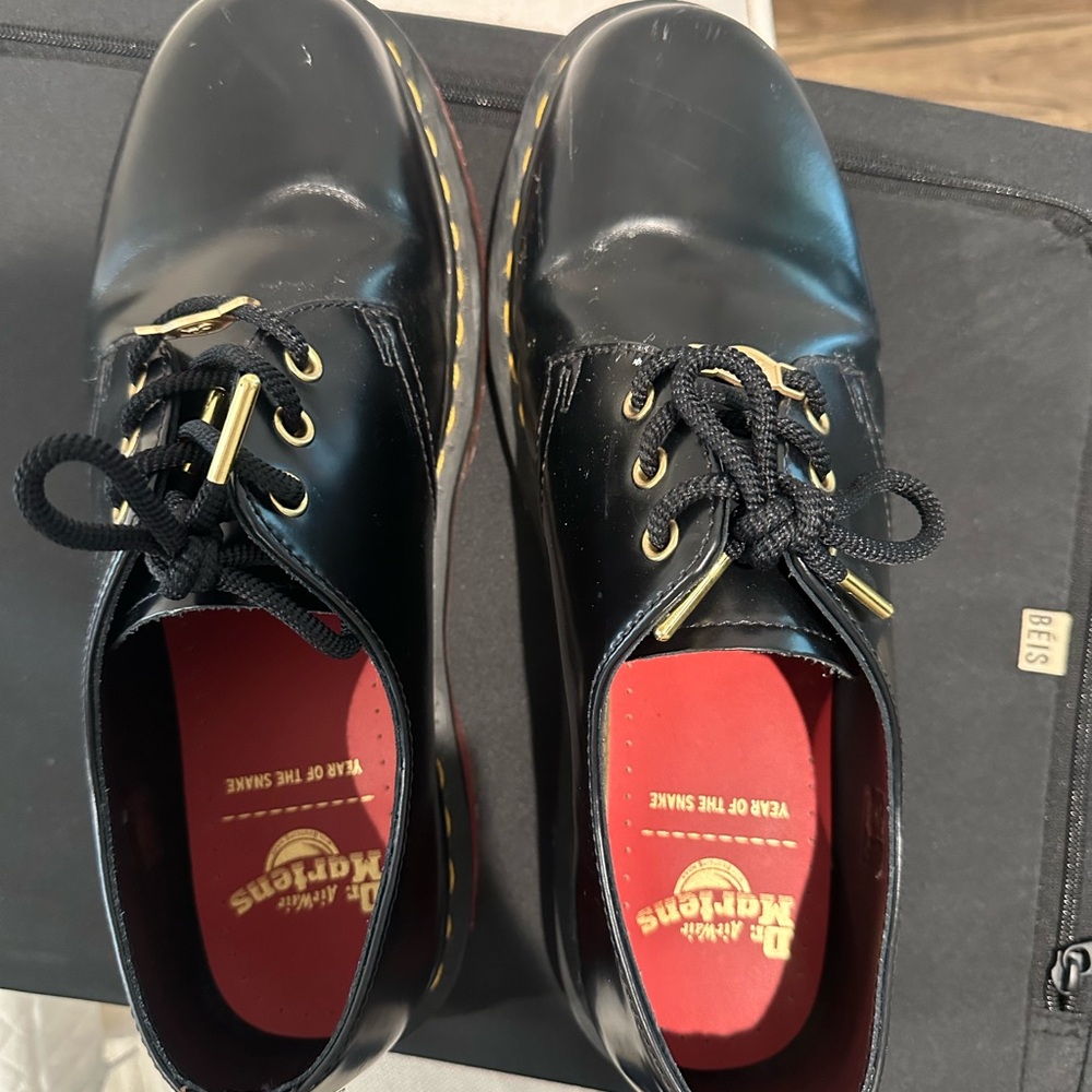 Dr. Martens Black Leather 3-Eye Derbys with Gold Accents and Red Insoles
